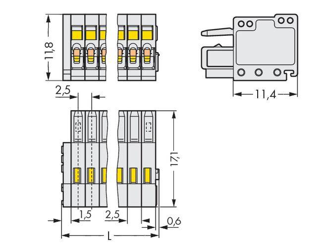 Figuren viser tekniske tegninger af en elektrisk stikforbindelse med nøjagtige dimensioner i millimeter for højde og bredde.