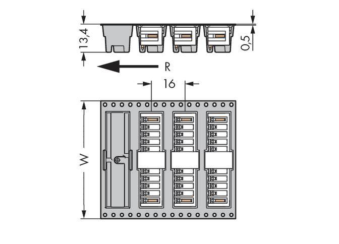 Teknisk tegning af en elektronisk komponent. Viser dimensioner på 13,4, 0,5 og 16, med en pil, der angiver retning R.
