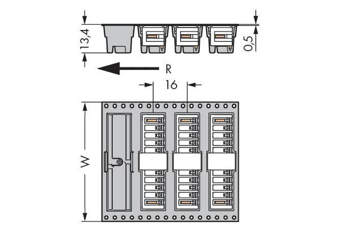 Teknisk tegning af et el-skab med dimensioner: Bredde W, Højde 13,4, Dybde 0,5, R 16.