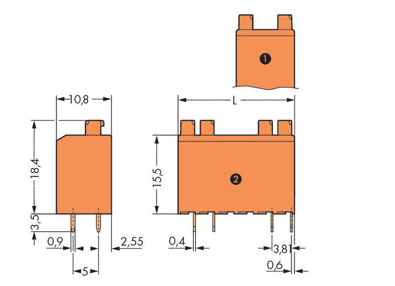 Elektronisk komponent med rektangulær form og flere tilslutninger. Dimensioner er 18,4 mm højde, 10,8 mm bredde, 5 mm længde, detaljerede afstande markeret.