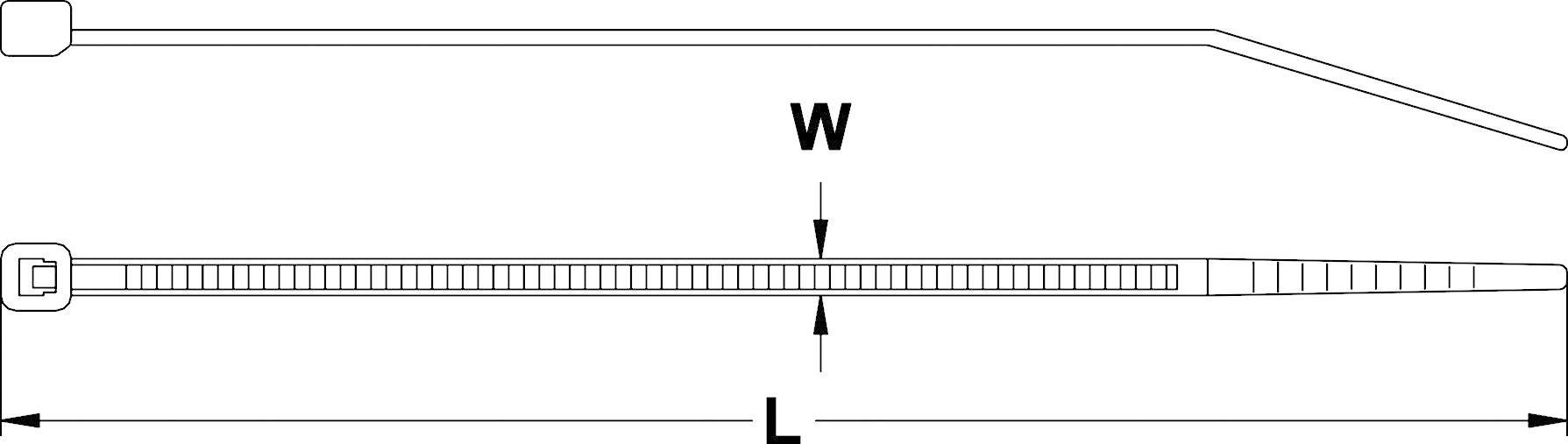 Tegning af en kabelbinder med målene 'L' for længde og 'B' for bredde.