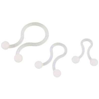 Tre gennemsigtige kroge i form af et spørgsmålstegn, hver med en kugle i begge ender. De varierer i størrelse og er lavet af plast.