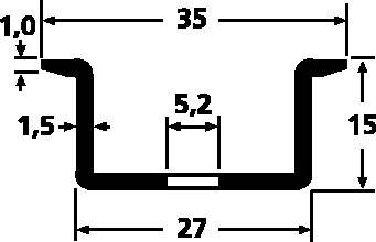 Tværsnitsvisning af en U-formet profil med mål: øverst 35 mm, nederst 27 mm, højde 15 mm, vægtykkelser 1,0 mm og 1,5 mm.