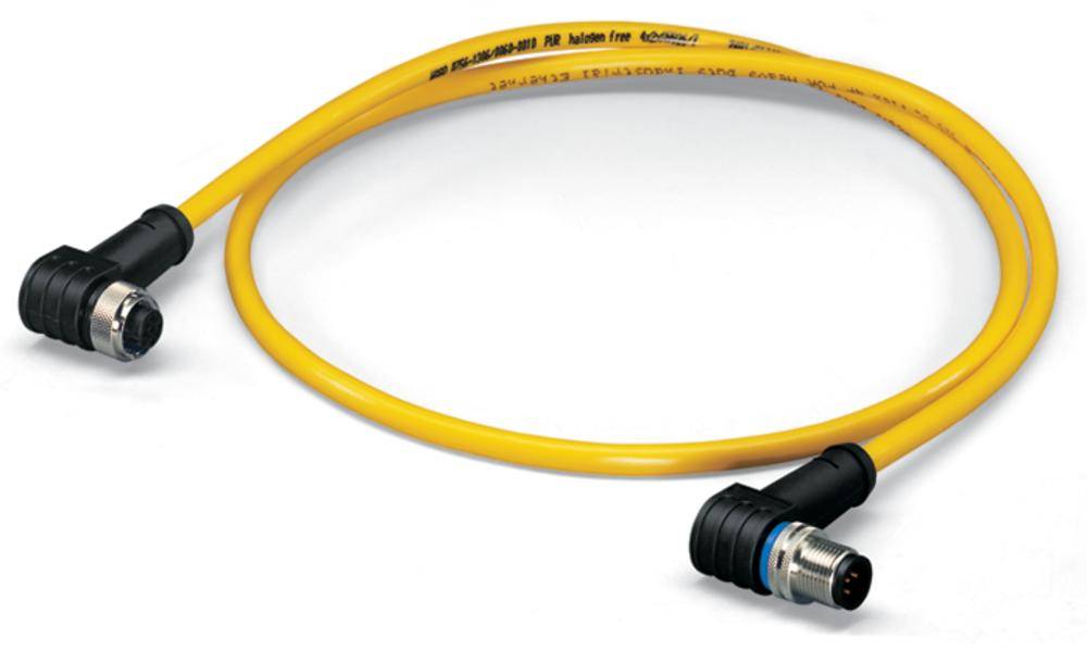 Sensorkabel med vinklede M12-stikforbindelser i begge ender, gul kabel, egnet til industrielle anvendelser.
