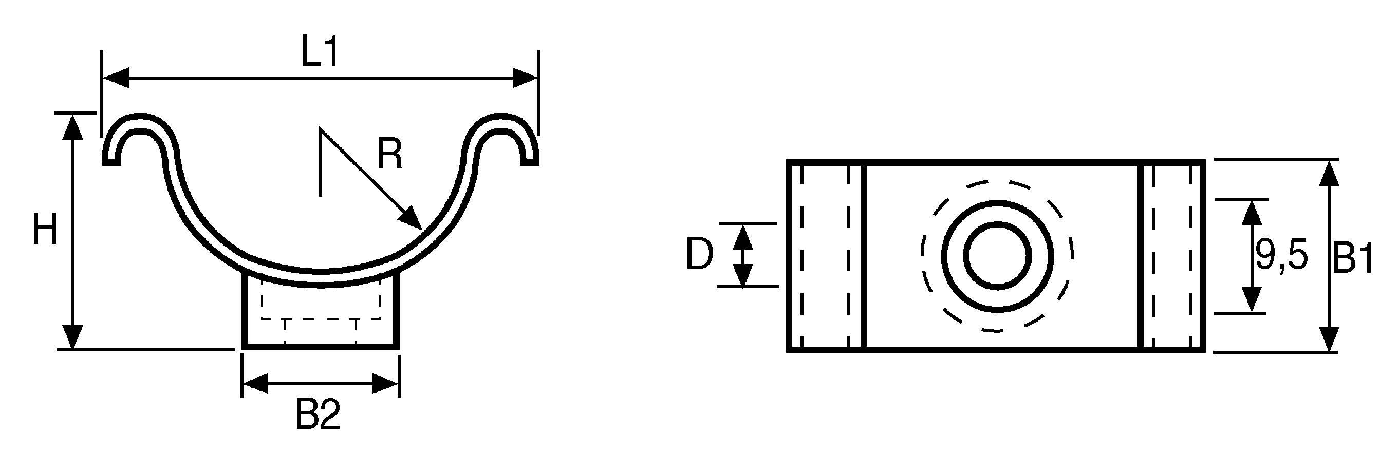 Teknisk tegning af en U-formet rørholderkonstruktion med mål: Højde, bredde (B1, B2), længde (L1), radius (R), diameter (D).