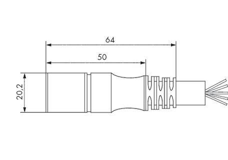 Teknisk tegning af en cylindrisk komponent med følgende mål: Længde 64 mm, indre sektion 50 mm, diameter 20,2 mm.