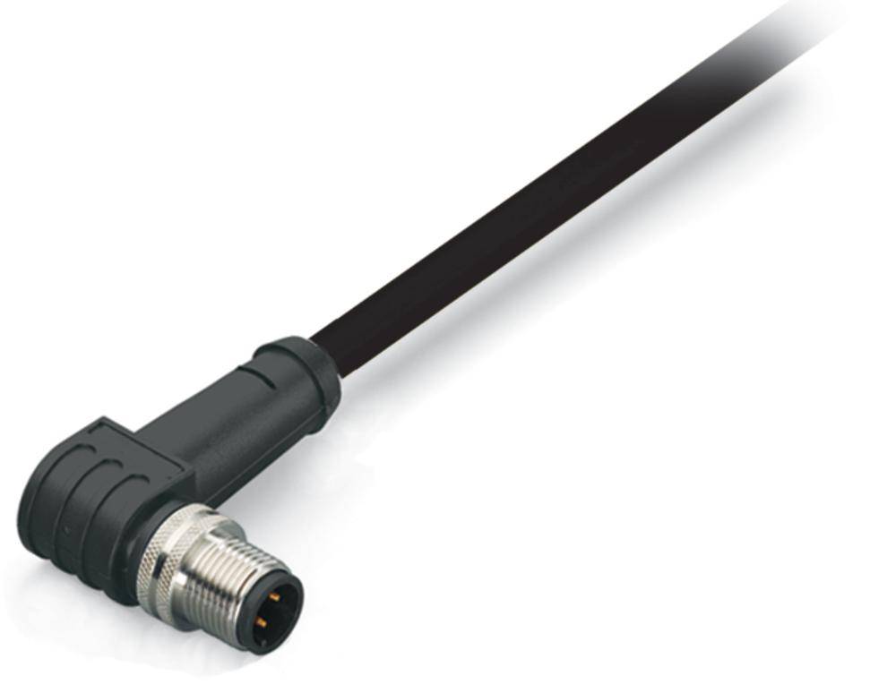 Sort kabel med en vinklet stik, egnet til industrielle anvendelser. Stikket har en metalindfatning.