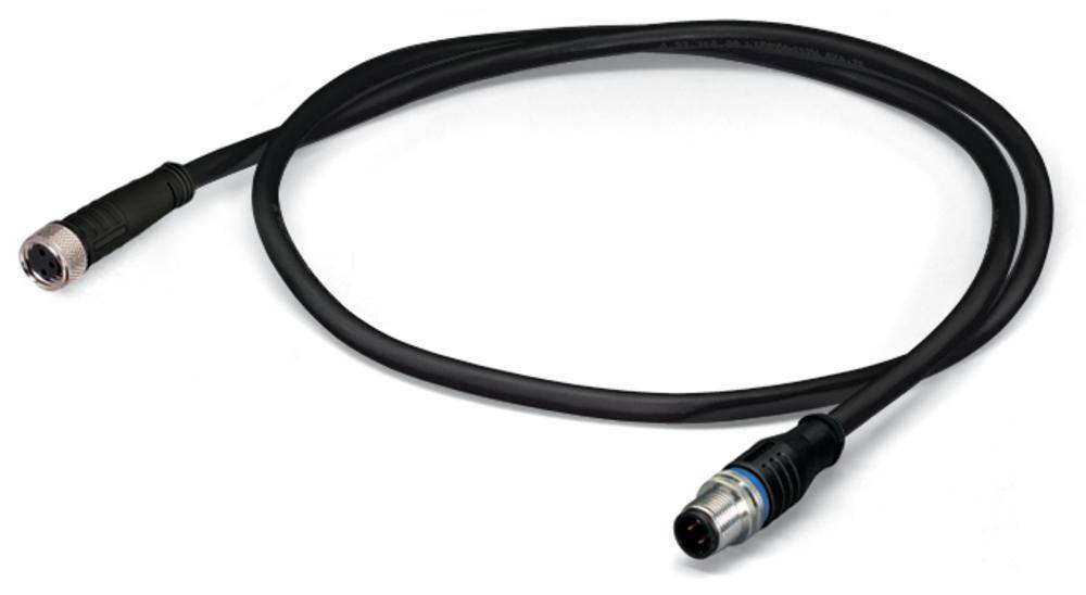 Et sort kabel med en 5-polet stik i den ene ende og en 3-polet stik i den anden ende, på hvid baggrund.