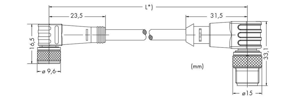 Teknisk tegning af et kabel med stik, viser dimensioner: Længde (L*), 23,5 mm, 31,5 mm, Ø 9,6 mm, Ø15 mm, 16,5 mm, 33,1 mm.