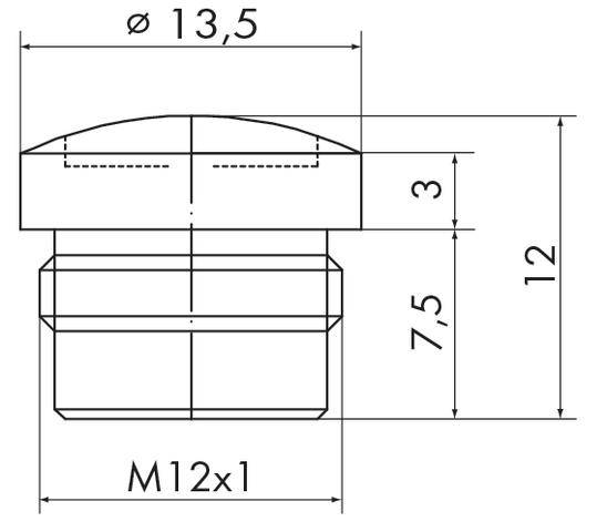 Teknisk tegning af en skruelukning, diameter 13,5 mm, højde 12 mm, gevind M12x1, dimensioner angivet som 3 mm og 7,5 mm.