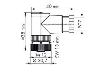 Teknisk tegning af en vinkel stikforbinder med dimensioner: 40 mm længde, 38 mm højde, PG7-gevind, M12-gevind.