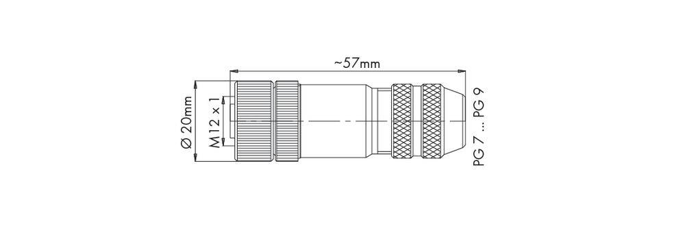 Teknisk tegning af en cylindrisk stikforbinder, længde ca. 57 mm, diameter 20 mm, med metrisk gevind M12x1, PG 7 til PG 9.