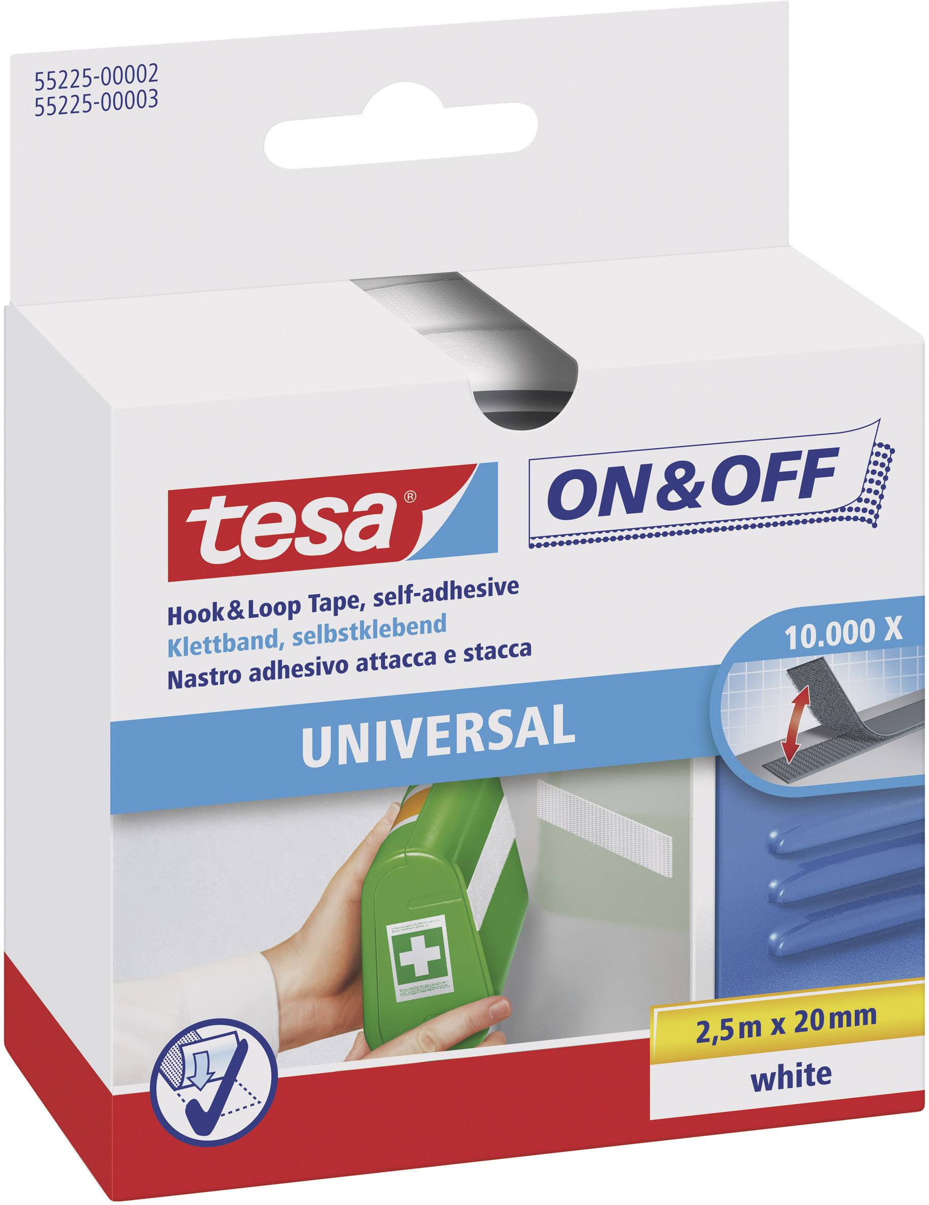 Emballage til selvklæbende velcrobånd fra mærket 'tesa'. Produktnavn 'ON & OFF Universal', 2,5 m x 20 mm, farve Hvid.