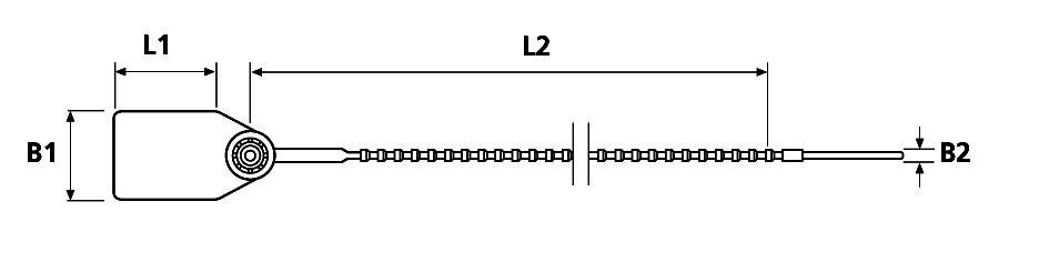 Teknisk tegning af et kabel med rektangulær stik. Dimensioner er markeret med L1, L2, B1 og B2.