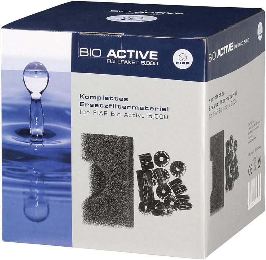 Kartonæske til Bio Active Fuld Pakke 5000 med illustrationer og tekst om erstatningsfiltermateriale til FIAP Bio Active 5000.