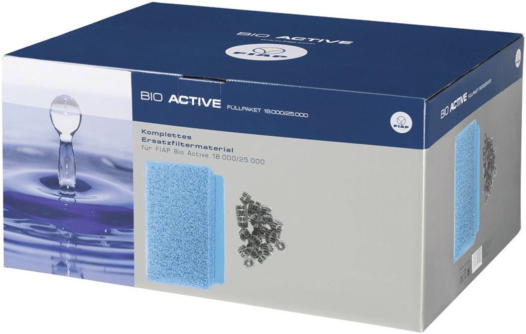 Karton med påskriften 'Bio Active', viser erstatningsfiltermateriale til dampsystemer. Billede af en vanddråbe på emballagen.
