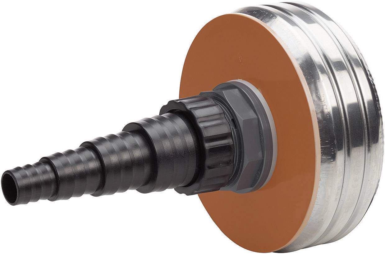 En sort slange med riflet design er monteret på en rund, orange metalskive.