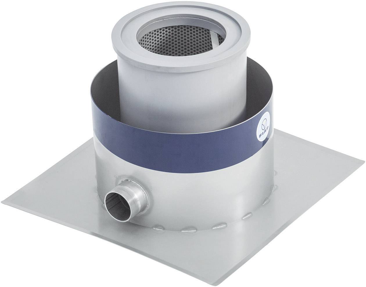 En rund ventilationsudgang af metal med rør og si, monteret på en rektangulær metalplade.