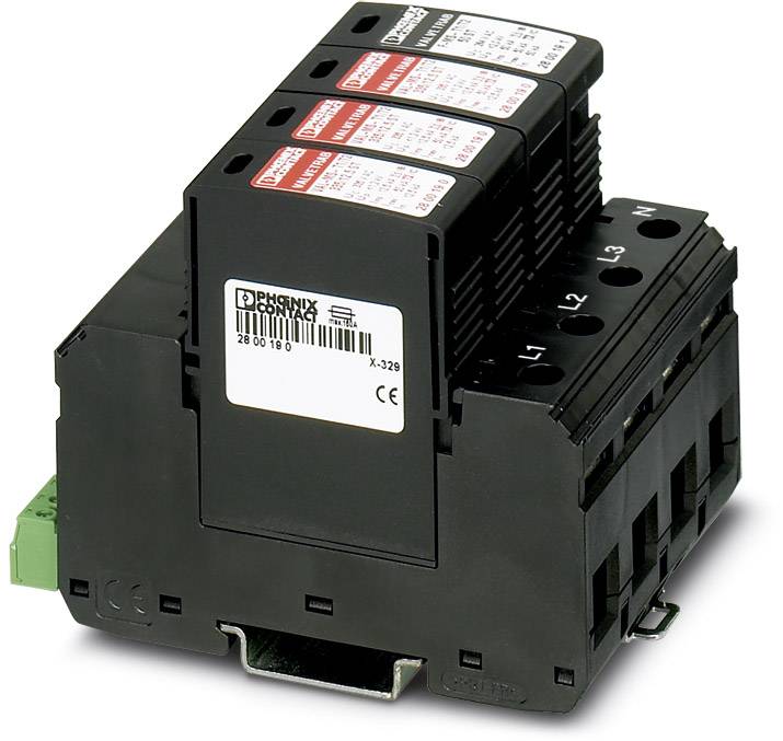 Et sort overspændingsbeskyttelsesapparat med flere tilslutninger og etiketter, som bruges til at beskytte elektriske systemer mod overspænding.