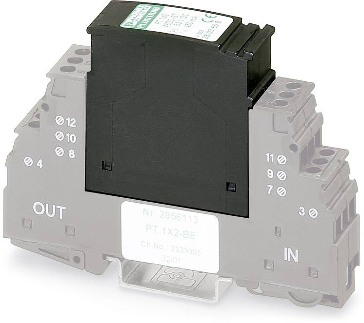 Elektrisk komponent på grå holder. Mærkning: 'UD', 'IND'; Modelnummer: '2856113'. Bruges i elektriske tavler.
