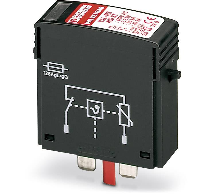 En sort elektrisk sikringsboks med indgraveret strømskema og specifikationer på oversiden.