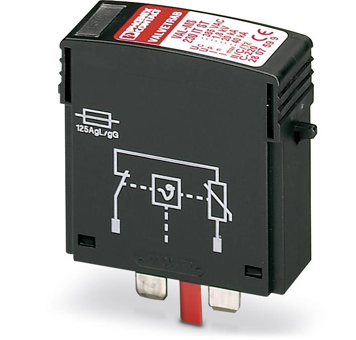 Figuren viser en sort elektronisk komponent med påskrifter og kredsløbssymboler. Denne komponent har to metalliske tilslutninger i bunden og kan være et sikringsmodul eller et skiftelement.