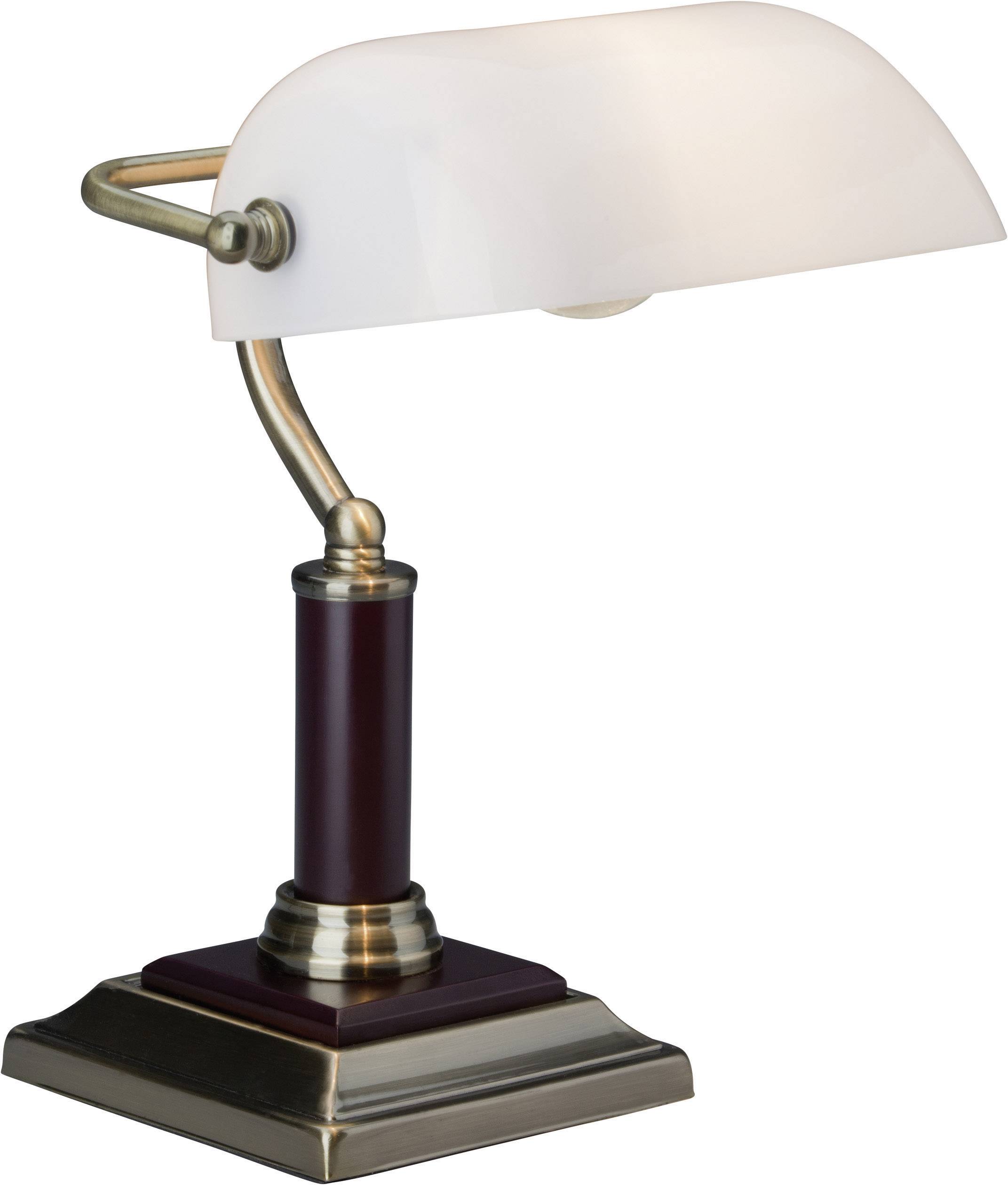 Skrivebordslampe i klassisk design med buet hvid lampeskærm og bronzefarvet fod.
