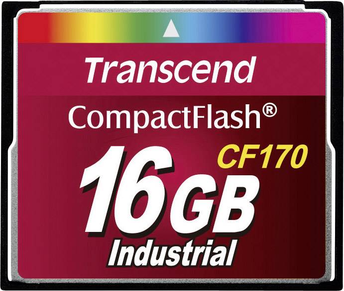 Transcend CompactFlash-hukommelseskort, 16 GB, Model CF170, industriel, farverig stribe øverst.