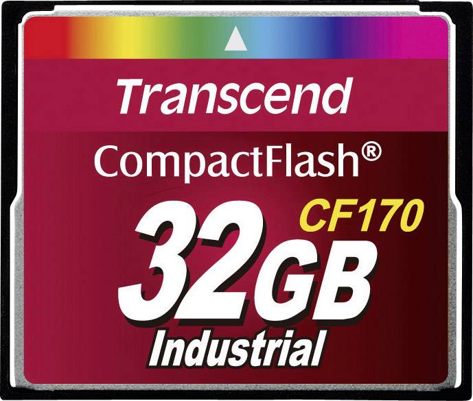 Et Transcend CompactFlash-kort med 32 GB lagerkapacitet, model CF170, egnet til industrielle anvendelser.