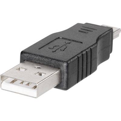 En USB-adapterstik, sort med USB-A-hunstik på den ene side og Mini-USB-stik på den anden side, til forbindelse.