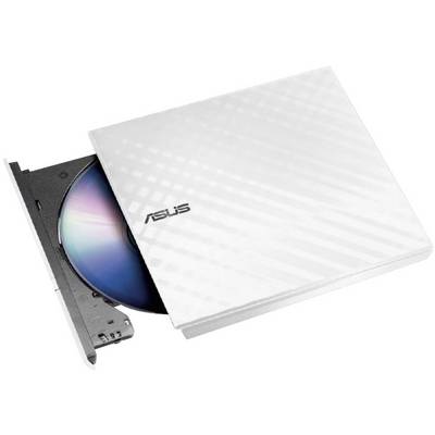 Ekstern hvid ASUS-DVD-brænder med åben skuffe, der indeholder en farvet disk.