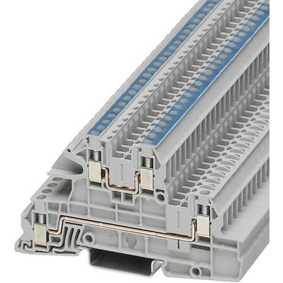 Grå rækkeklemme-modul med blå markering øverst. Det bruges i elektriske forbindelsessystemer til sikker ledningsføring.
