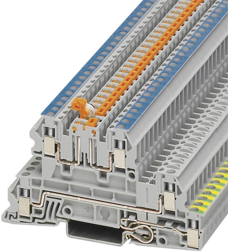 Grå-orange klemrække med blå og gule markeringer, egnet til montering på en bæreskinne i elektriske tavler.