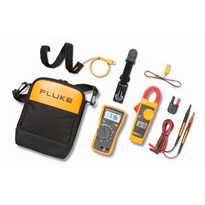 Elektriker-måleudstyr, herunder en taske, multimeter, tang, kabler og adaptere.