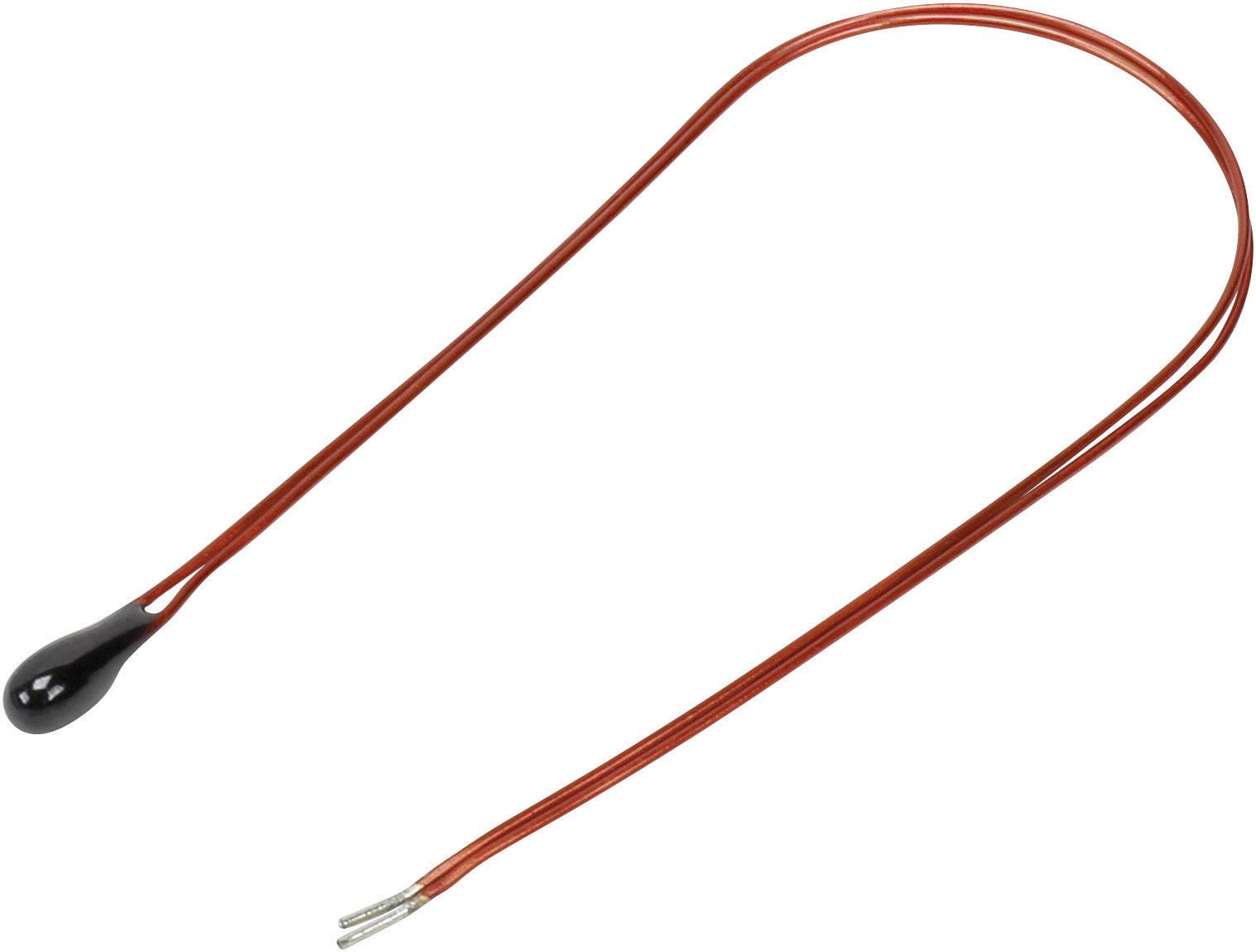 Rød termistorperle med to flade tilslutninger, bruges til temperaturmåling og styring i elektroniske enheder.