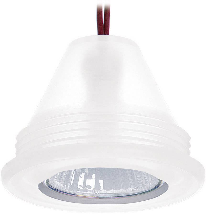 En hvid pendel med en klar diffuser, der indeholder en GU10-pære. Røde ledninger er synlige øverst.