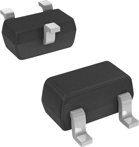 To elektroniske komponenter i sort kabinet med metalliske stikforbindelser, sandsynligvis SMD-dioder eller transistorer.