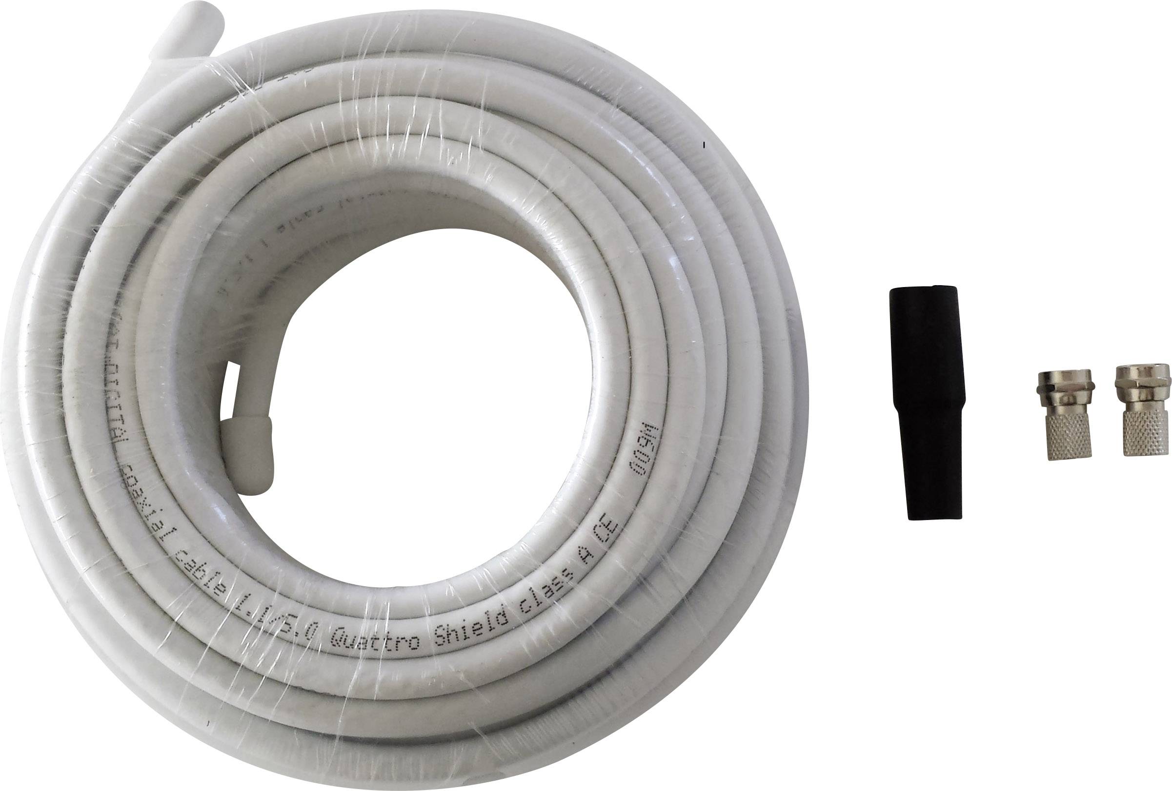 Koaksialkabel med hvidt, spiralformet viklet kabel og to metalforbindelser samt en sort adapter.