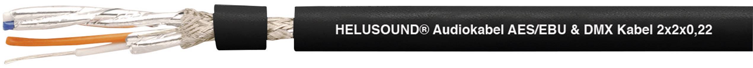 Audiokabel med sort isolation, blottede ledere synlige til venstre. Påskrift: 'HELUSOUND Audio Kabel AES/EBU & DMX Kabel 2x2x0,22'.