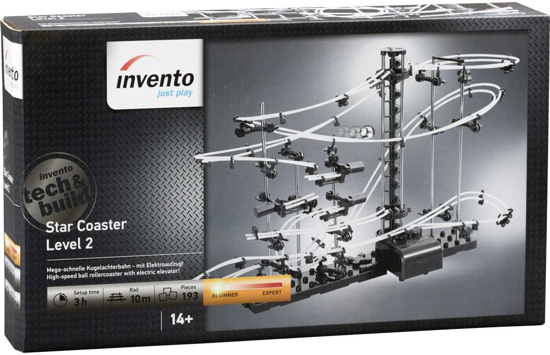 Emballagen viser 'Invento Star Coaster Level 2', en højtydende kuglebane med elektrisk elevator, egnet fra 14 år.