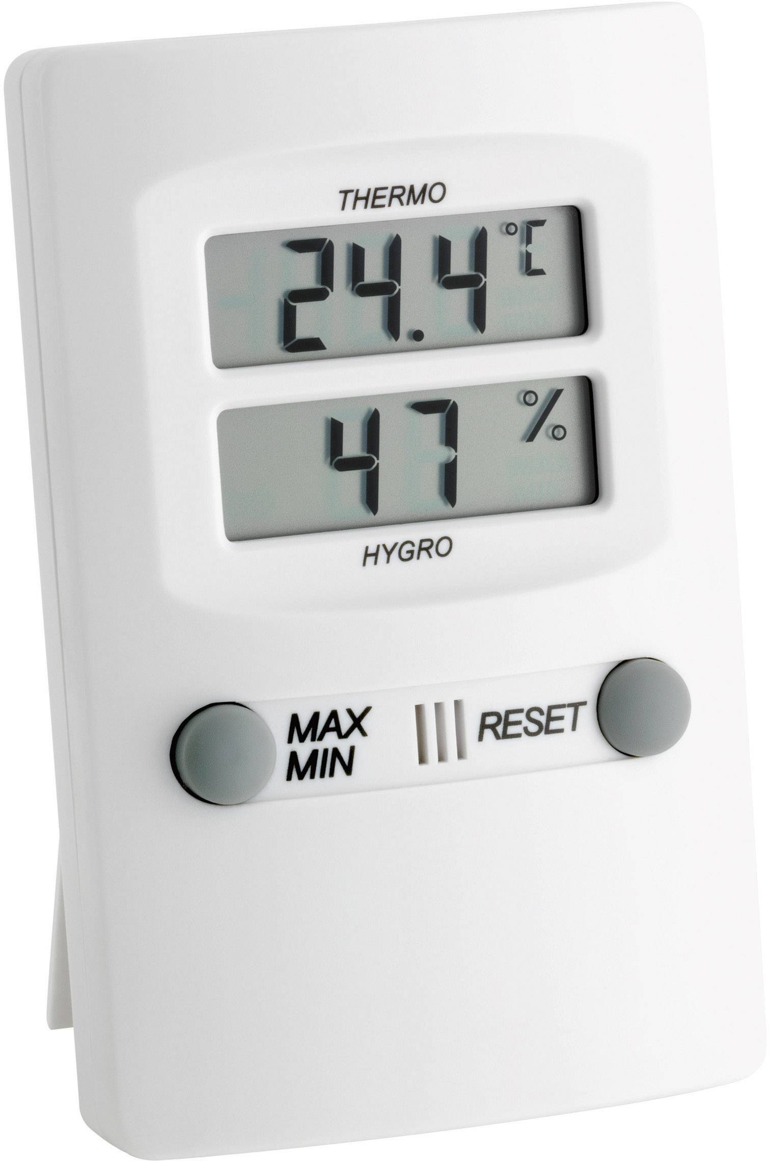 Digitalt termometer viser 24,4°C og 47% luftfugtighed. To knapper nedenunder er mærket 'MAX MIN' og 'RESET'.