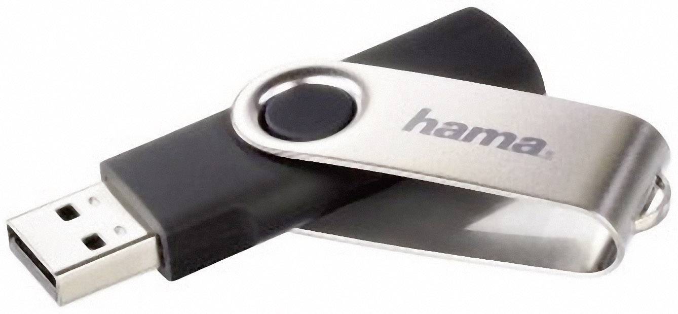 Sort og sølvfarvet USB-stick med 'hama'-logoet på metaldækslet; bruges til datalagrings- og overførselformål.