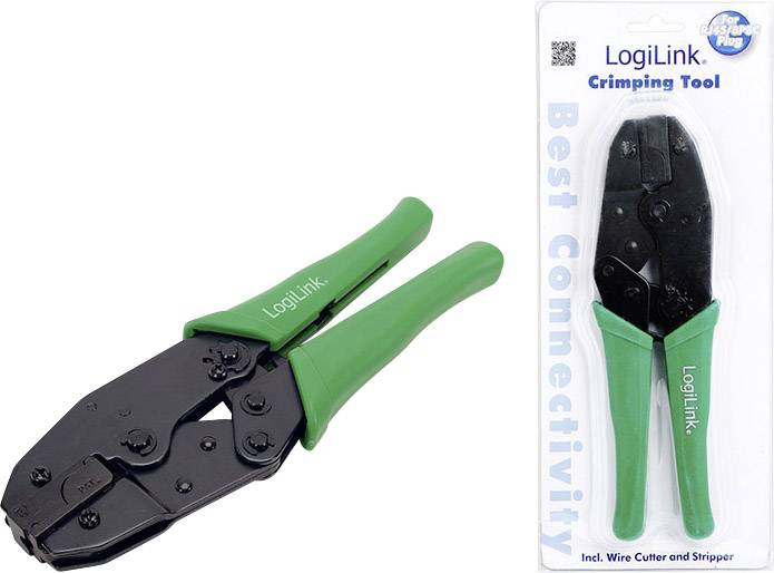Crimptang med grønne greb fra mærket 'LogiLink'. Emballagen viser samme værktøj og fremhæver 'Best Connectivity'. Egnet til kabelklipning og afisolering.