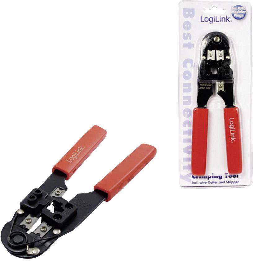 Røde kabeltænger med greb til crimping ved siden af emballagen med påskriften 'LogiLink'.