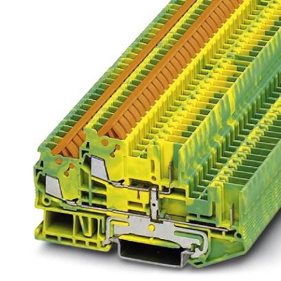 Gul-grøn rækkeklemmeblok, til elektriske tilslutninger i tavler, viser detaljeret struktur og konstruktion.