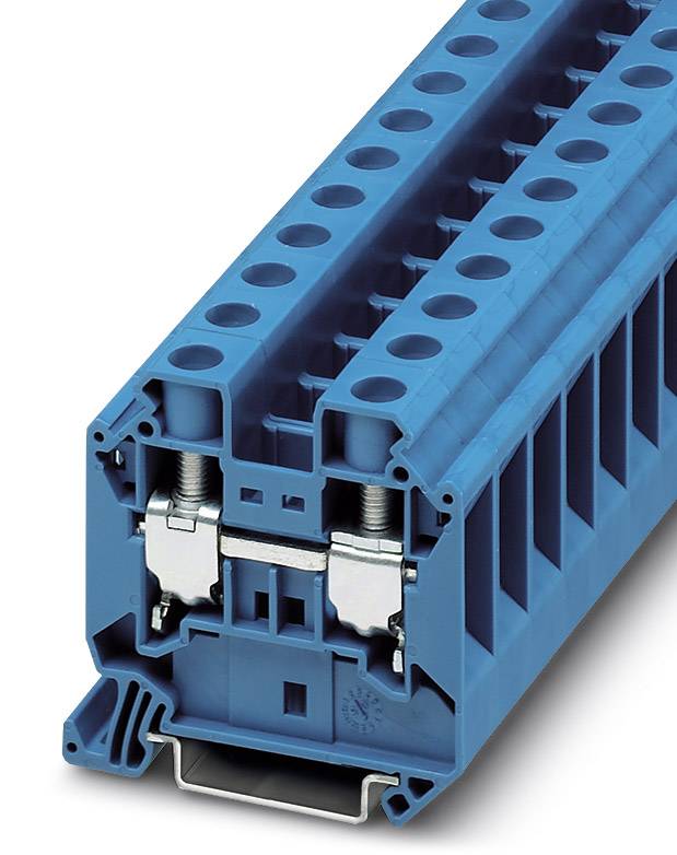 Et blåt elektrisk terminalmodul, egnet til montering på en skinne, viser to metalliske tilslutninger til kabelforbindelse.