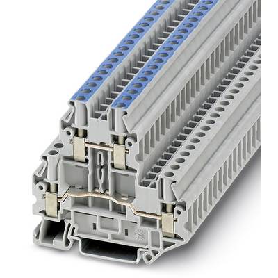 Klemmeblok med flere grå lag og blå elementer, som bruges til fastgørelse af elektriske ledninger i elektriske tavler.