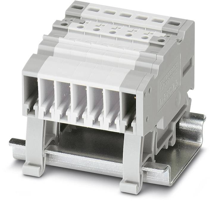 Grå, multipolær elektrisk stikforbinder monteret på en metalskinner, med seks tilslutninger til elektriske forbindelser.