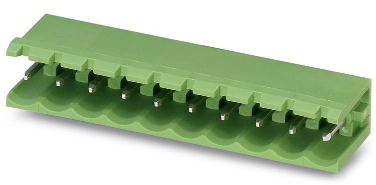 Grøn elektrisk stikforbinder med flere tilslutningsklemmer i et plastikgehus. Egnet til montering på printplade.