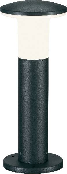Cylindrisk sølvfarvet metalstruktur med sort midterparti, monteret på en rund base og et låg. Det ligner en udendørslampe.